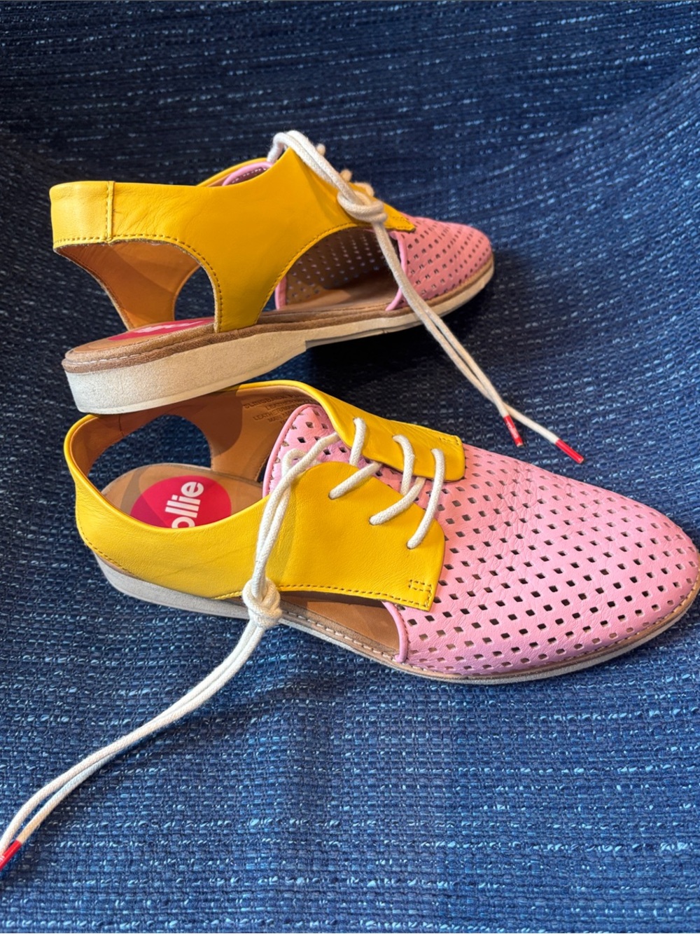 Rollie Nation Slingback Punch Leather Flats Pink Yellow Size 6 (EU 37)